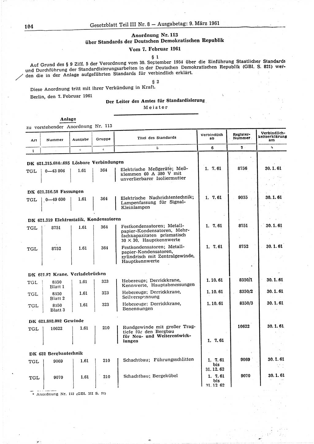 Gesetzblatt (GBl.) der Deutschen Demokratischen Republik (DDR) Teil ⅠⅠⅠ 1961, Seite 104 (GBl. DDR ⅠⅠⅠ 1961, S. 104)