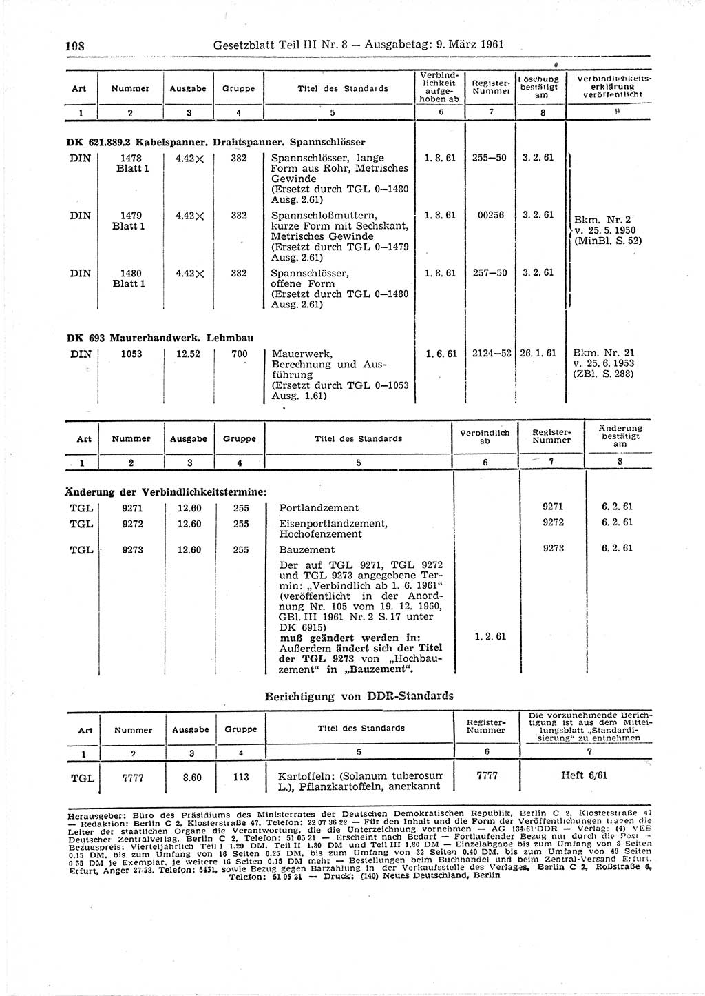 Gesetzblatt (GBl.) der Deutschen Demokratischen Republik (DDR) Teil ⅠⅠⅠ 1961, Seite 108 (GBl. DDR ⅠⅠⅠ 1961, S. 108)