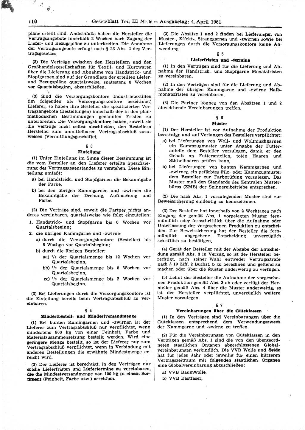 Gesetzblatt (GBl.) der Deutschen Demokratischen Republik (DDR) Teil ⅠⅠⅠ 1961, Seite 110 (GBl. DDR ⅠⅠⅠ 1961, S. 110)
