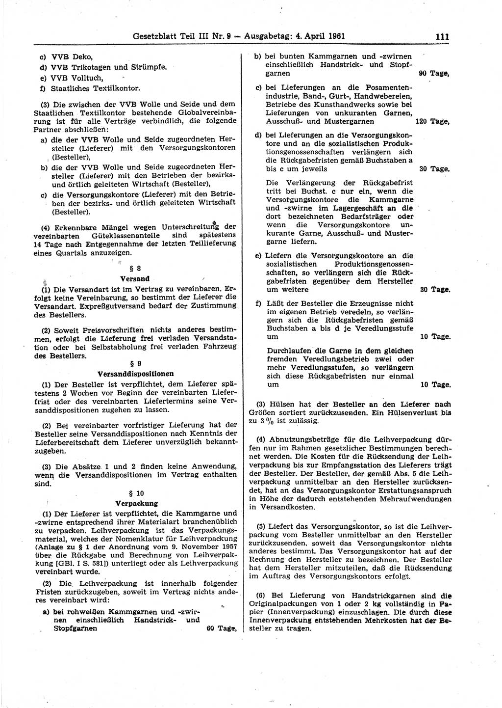 Gesetzblatt (GBl.) der Deutschen Demokratischen Republik (DDR) Teil ⅠⅠⅠ 1961, Seite 111 (GBl. DDR ⅠⅠⅠ 1961, S. 111)