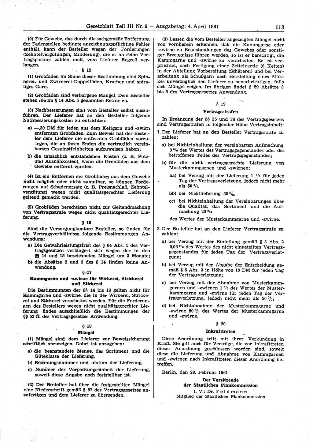 Gesetzblatt (GBl.) der Deutschen Demokratischen Republik (DDR) Teil ⅠⅠⅠ 1961, Seite 113 (GBl. DDR ⅠⅠⅠ 1961, S. 113)