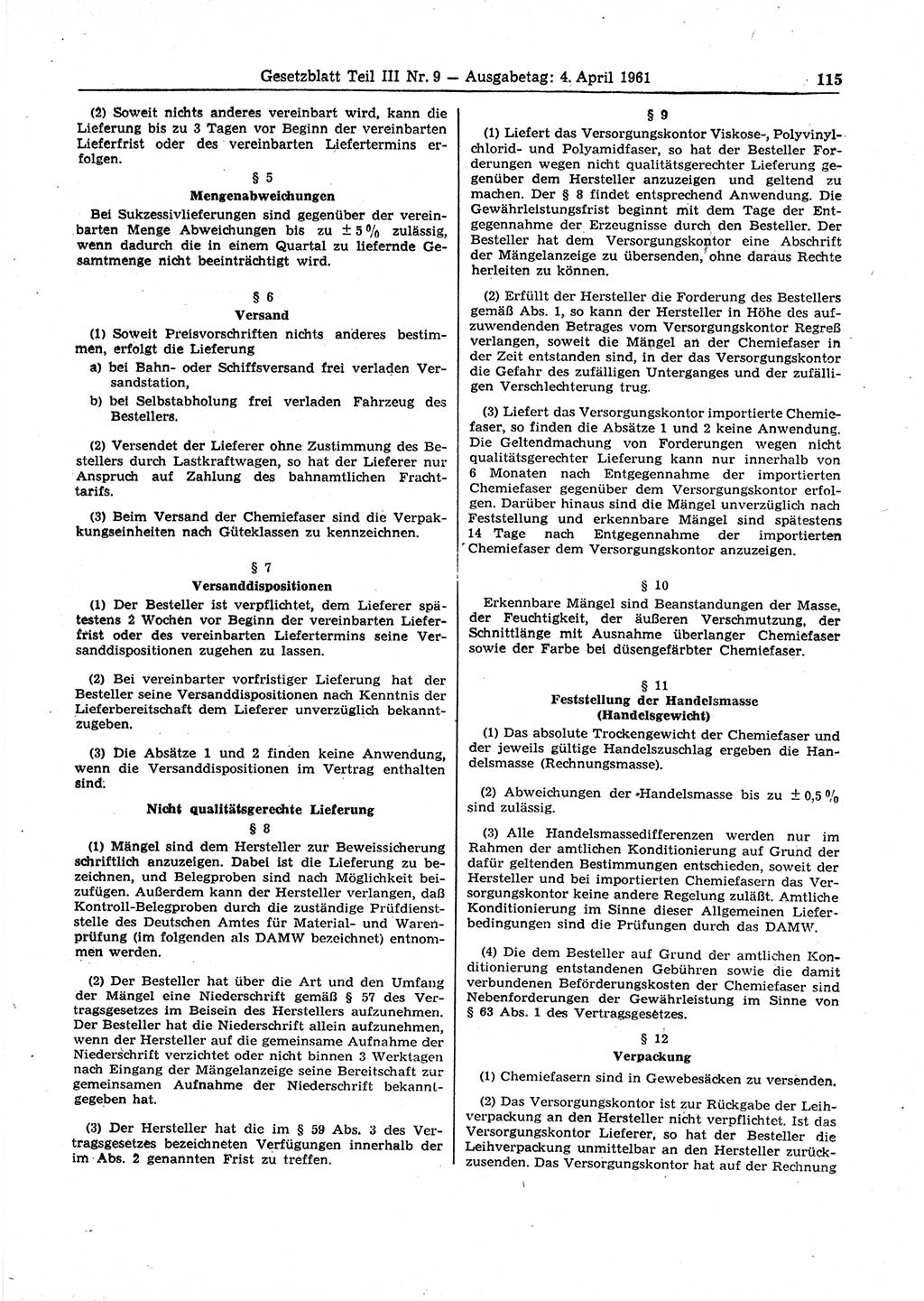Gesetzblatt (GBl.) der Deutschen Demokratischen Republik (DDR) Teil ⅠⅠⅠ 1961, Seite 115 (GBl. DDR ⅠⅠⅠ 1961, S. 115)