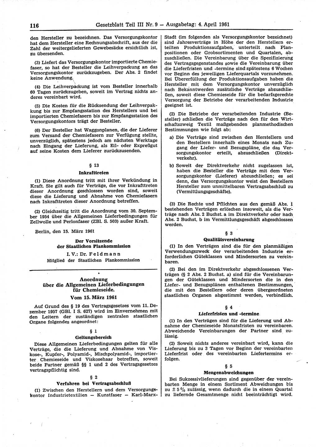 Gesetzblatt (GBl.) der Deutschen Demokratischen Republik (DDR) Teil ⅠⅠⅠ 1961, Seite 116 (GBl. DDR ⅠⅠⅠ 1961, S. 116)