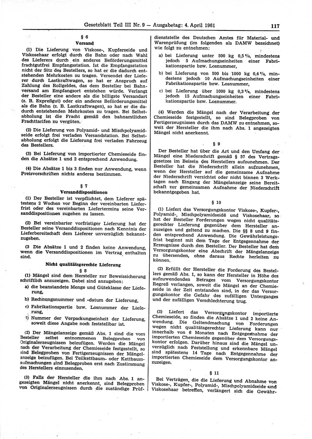 Gesetzblatt (GBl.) der Deutschen Demokratischen Republik (DDR) Teil ⅠⅠⅠ 1961, Seite 117 (GBl. DDR ⅠⅠⅠ 1961, S. 117)