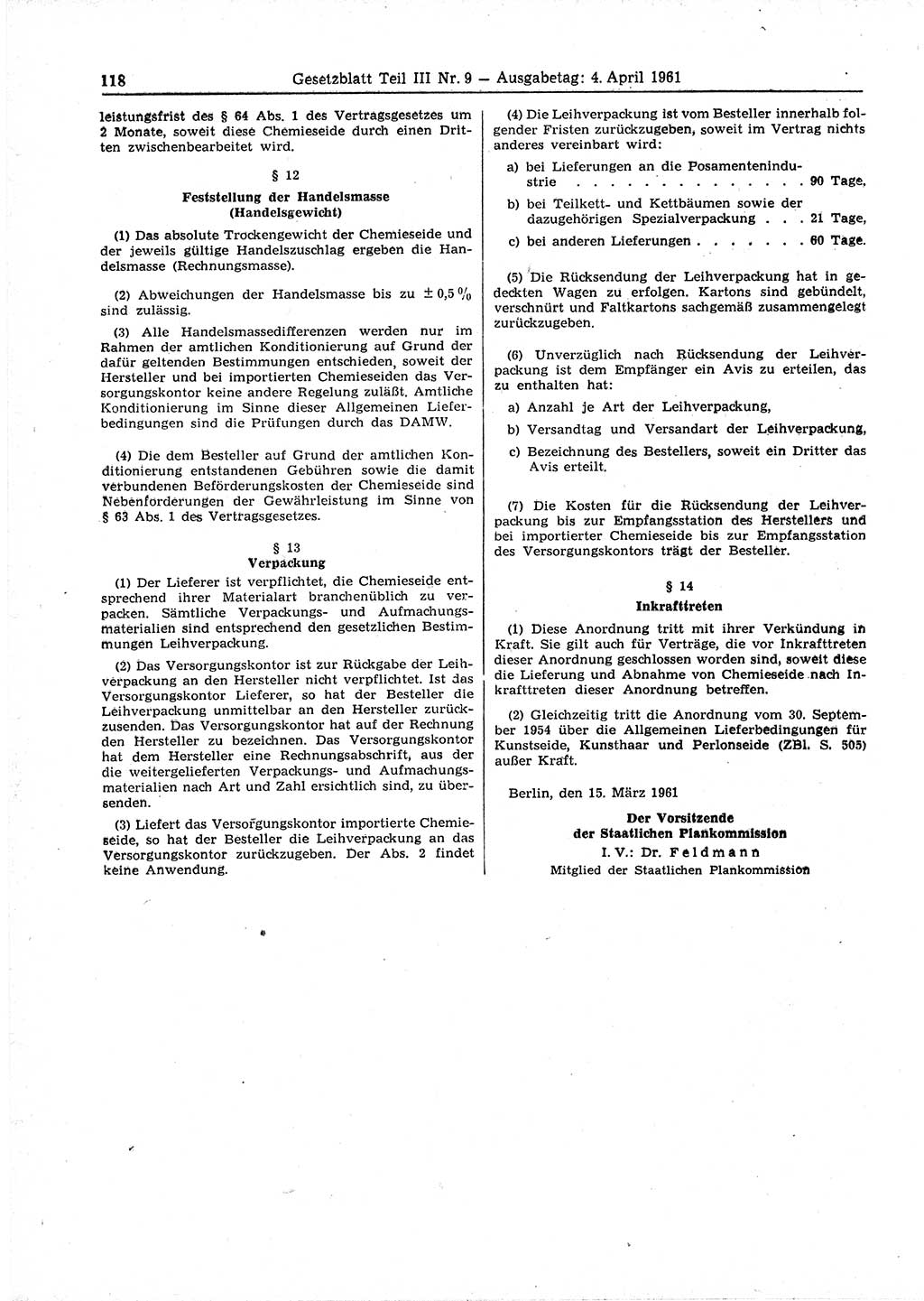 Gesetzblatt (GBl.) der Deutschen Demokratischen Republik (DDR) Teil ⅠⅠⅠ 1961, Seite 118 (GBl. DDR ⅠⅠⅠ 1961, S. 118)