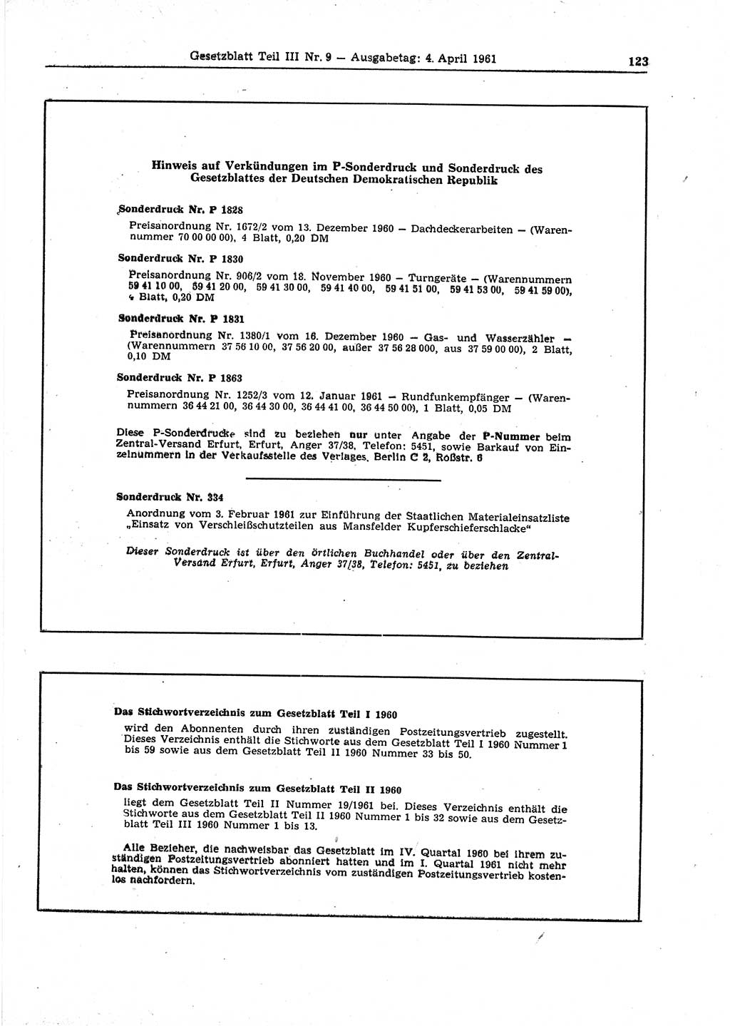 Gesetzblatt (GBl.) der Deutschen Demokratischen Republik (DDR) Teil ⅠⅠⅠ 1961, Seite 123 (GBl. DDR ⅠⅠⅠ 1961, S. 123)