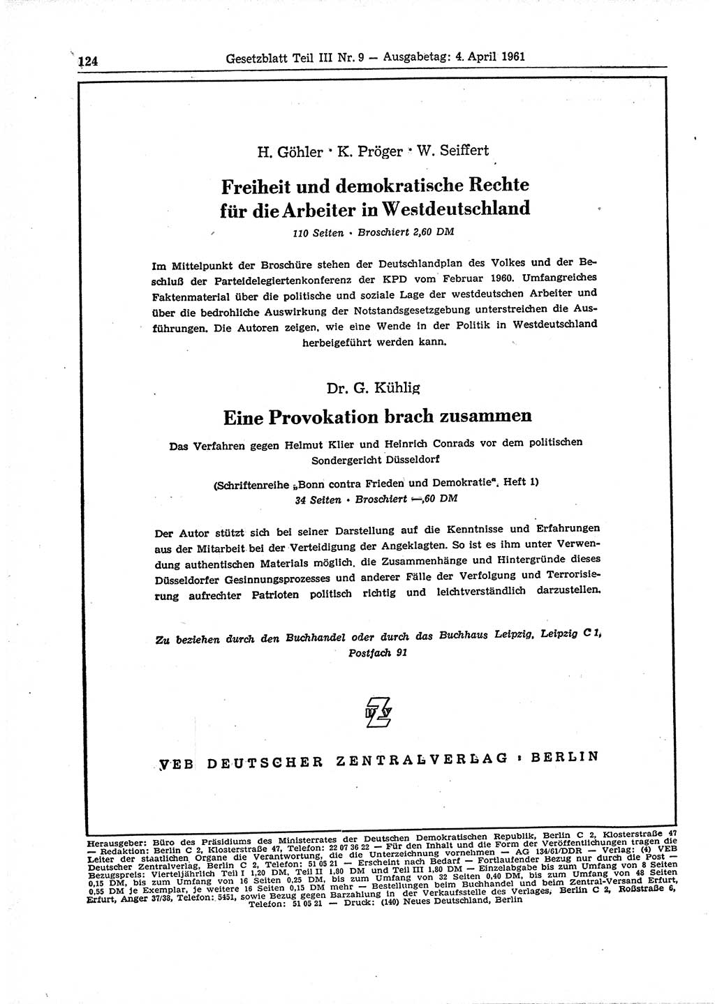 Gesetzblatt (GBl.) der Deutschen Demokratischen Republik (DDR) Teil ⅠⅠⅠ 1961, Seite 124 (GBl. DDR ⅠⅠⅠ 1961, S. 124)