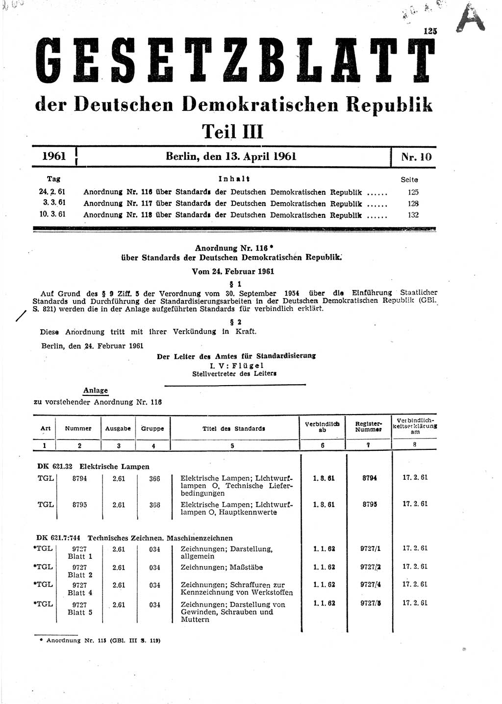 Gesetzblatt (GBl.) der Deutschen Demokratischen Republik (DDR) Teil ⅠⅠⅠ 1961, Seite 125 (GBl. DDR ⅠⅠⅠ 1961, S. 125)