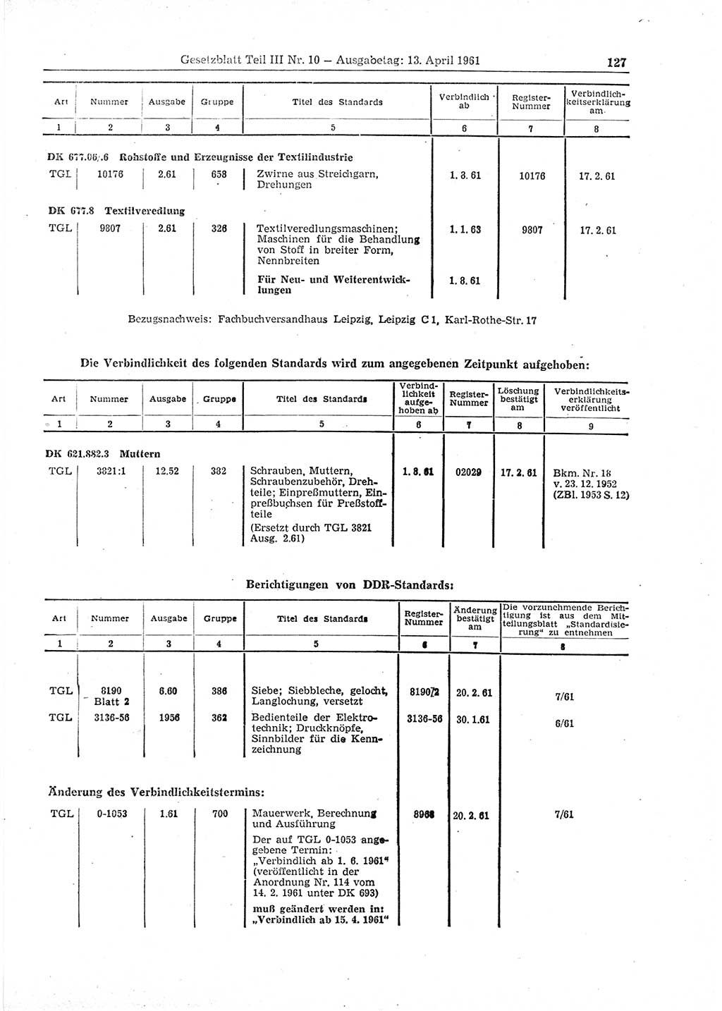 Gesetzblatt (GBl.) der Deutschen Demokratischen Republik (DDR) Teil ⅠⅠⅠ 1961, Seite 127 (GBl. DDR ⅠⅠⅠ 1961, S. 127)