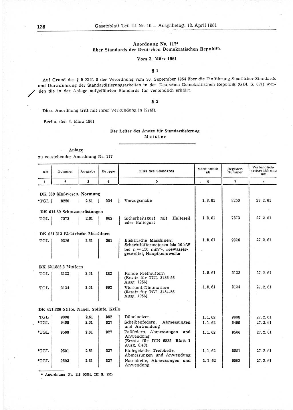 Gesetzblatt (GBl.) der Deutschen Demokratischen Republik (DDR) Teil ⅠⅠⅠ 1961, Seite 128 (GBl. DDR ⅠⅠⅠ 1961, S. 128)