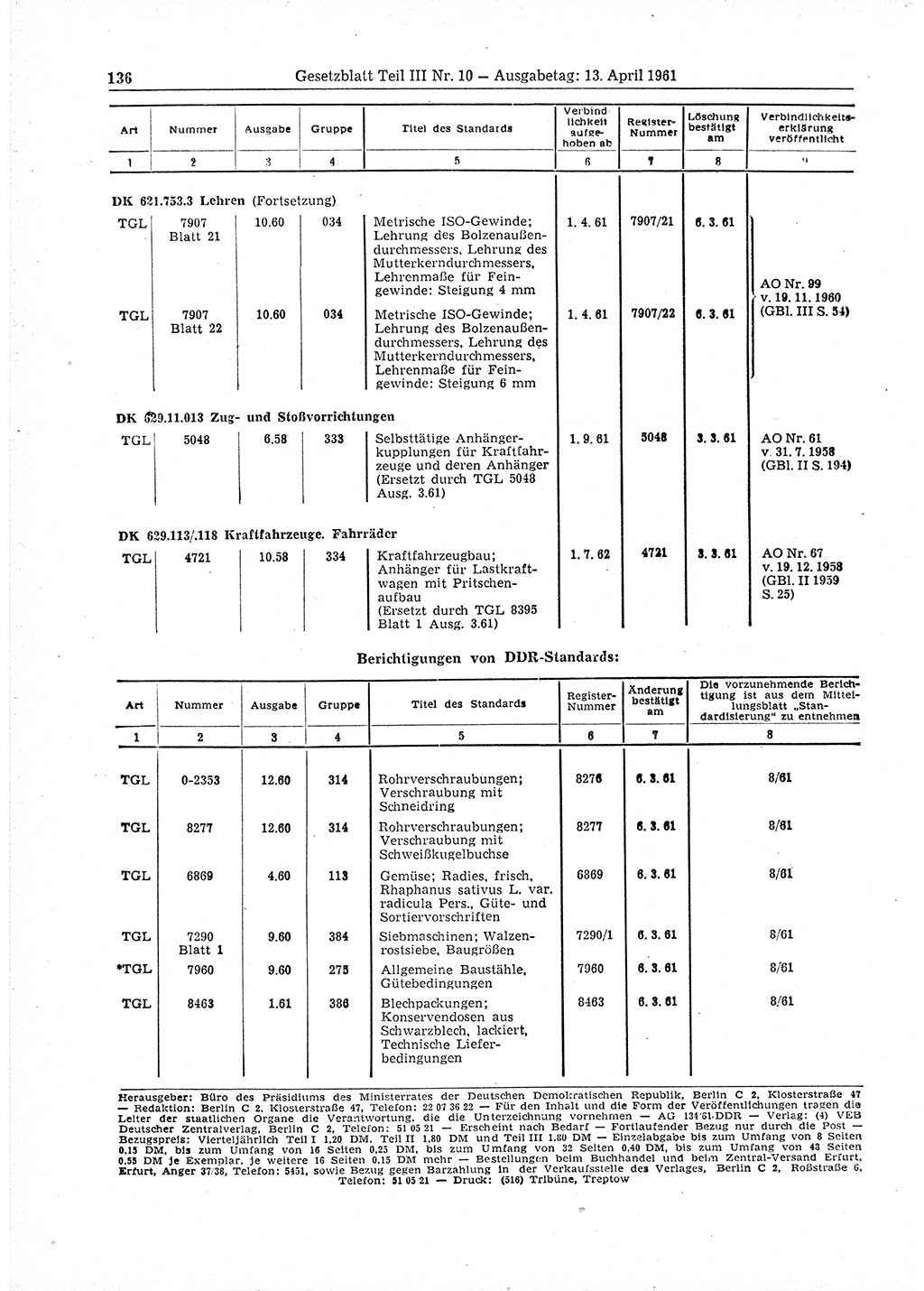 Gesetzblatt (GBl.) der Deutschen Demokratischen Republik (DDR) Teil ⅠⅠⅠ 1961, Seite 136 (GBl. DDR ⅠⅠⅠ 1961, S. 136)