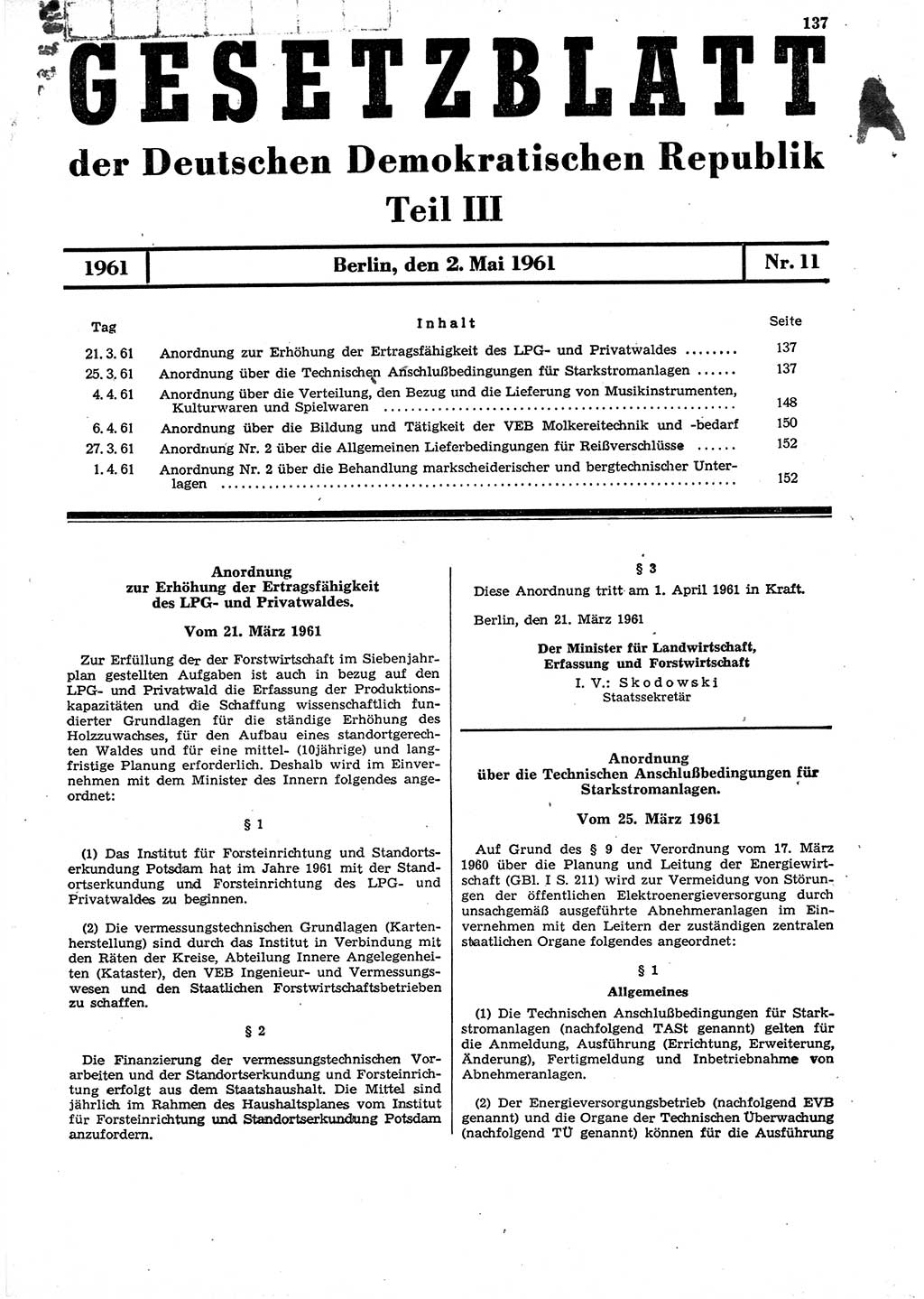 Gesetzblatt (GBl.) der Deutschen Demokratischen Republik (DDR) Teil ⅠⅠⅠ 1961, Seite 137 (GBl. DDR ⅠⅠⅠ 1961, S. 137)