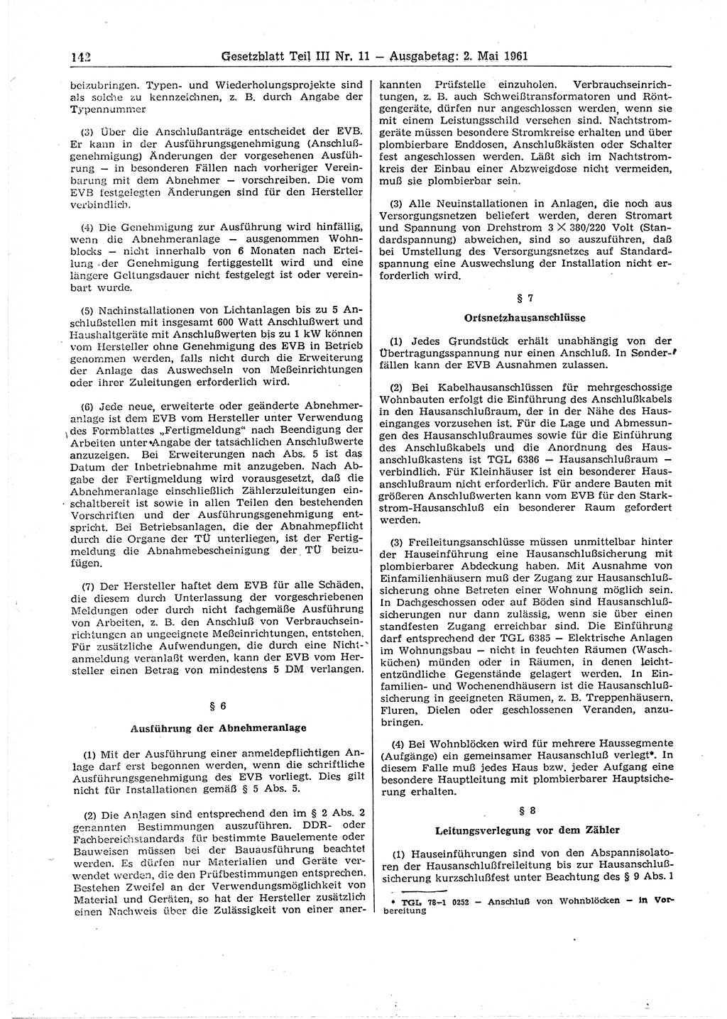 Gesetzblatt (GBl.) der Deutschen Demokratischen Republik (DDR) Teil ⅠⅠⅠ 1961, Seite 142 (GBl. DDR ⅠⅠⅠ 1961, S. 142)