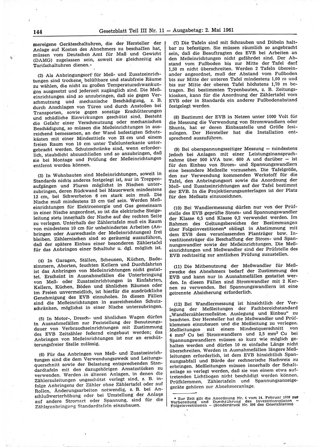 Gesetzblatt (GBl.) der Deutschen Demokratischen Republik (DDR) Teil ⅠⅠⅠ 1961, Seite 144 (GBl. DDR ⅠⅠⅠ 1961, S. 144)