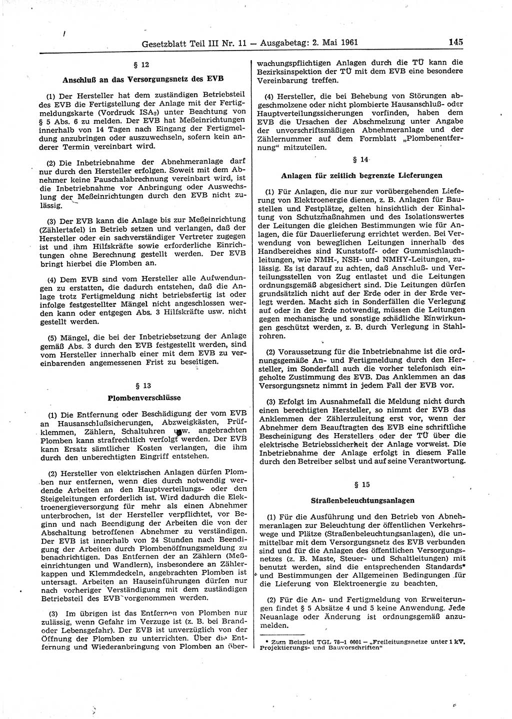 Gesetzblatt (GBl.) der Deutschen Demokratischen Republik (DDR) Teil ⅠⅠⅠ 1961, Seite 145 (GBl. DDR ⅠⅠⅠ 1961, S. 145)