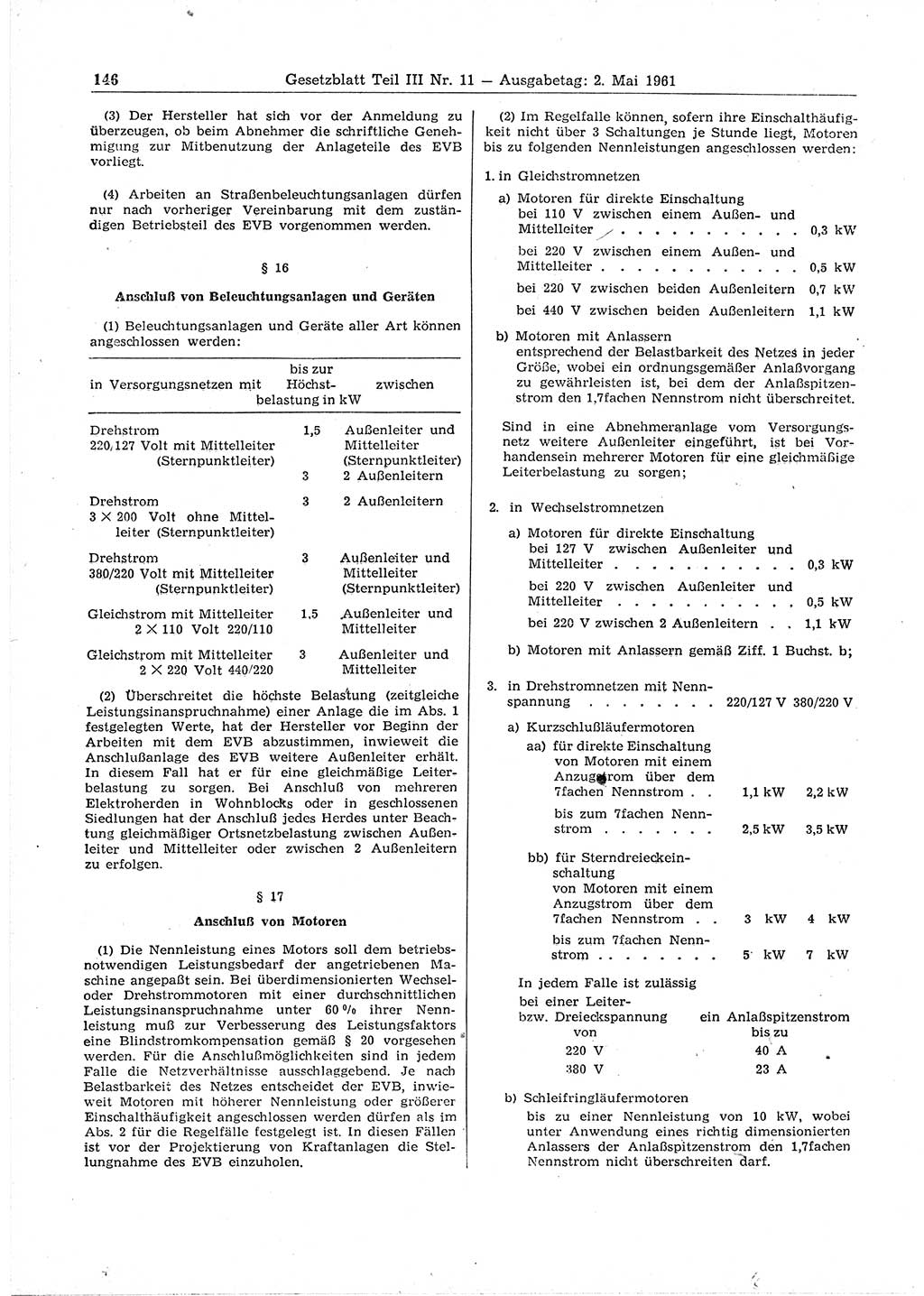 Gesetzblatt (GBl.) der Deutschen Demokratischen Republik (DDR) Teil ⅠⅠⅠ 1961, Seite 146 (GBl. DDR ⅠⅠⅠ 1961, S. 146)
