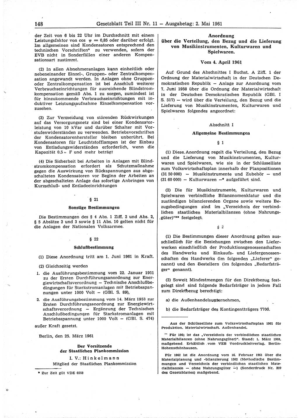 Gesetzblatt (GBl.) der Deutschen Demokratischen Republik (DDR) Teil ⅠⅠⅠ 1961, Seite 148 (GBl. DDR ⅠⅠⅠ 1961, S. 148)