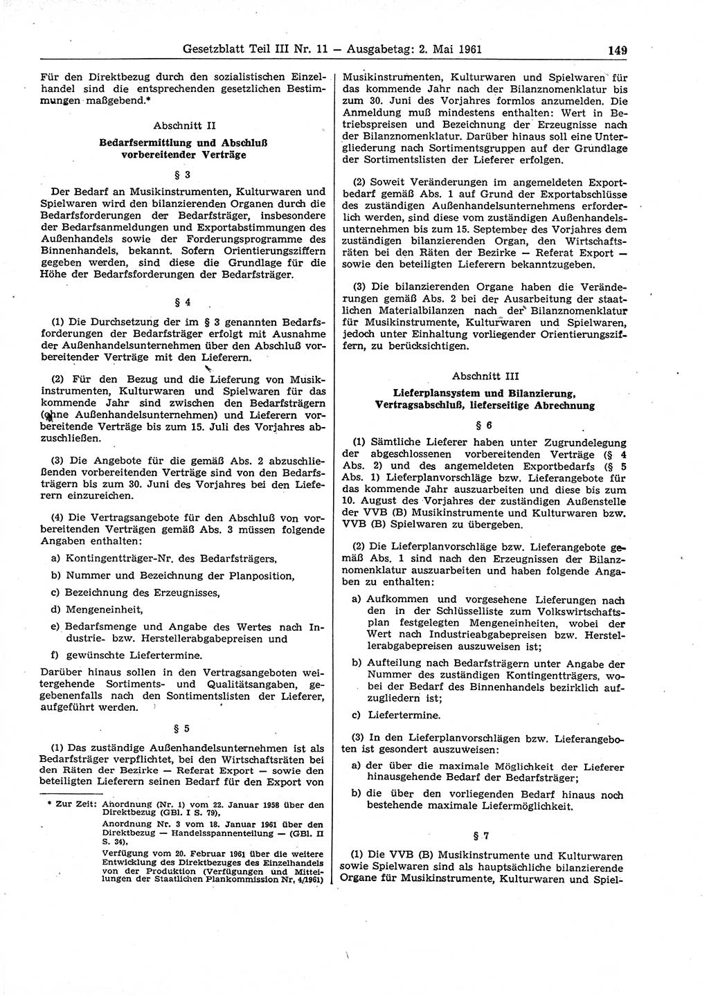 Gesetzblatt (GBl.) der Deutschen Demokratischen Republik (DDR) Teil ⅠⅠⅠ 1961, Seite 149 (GBl. DDR ⅠⅠⅠ 1961, S. 149)