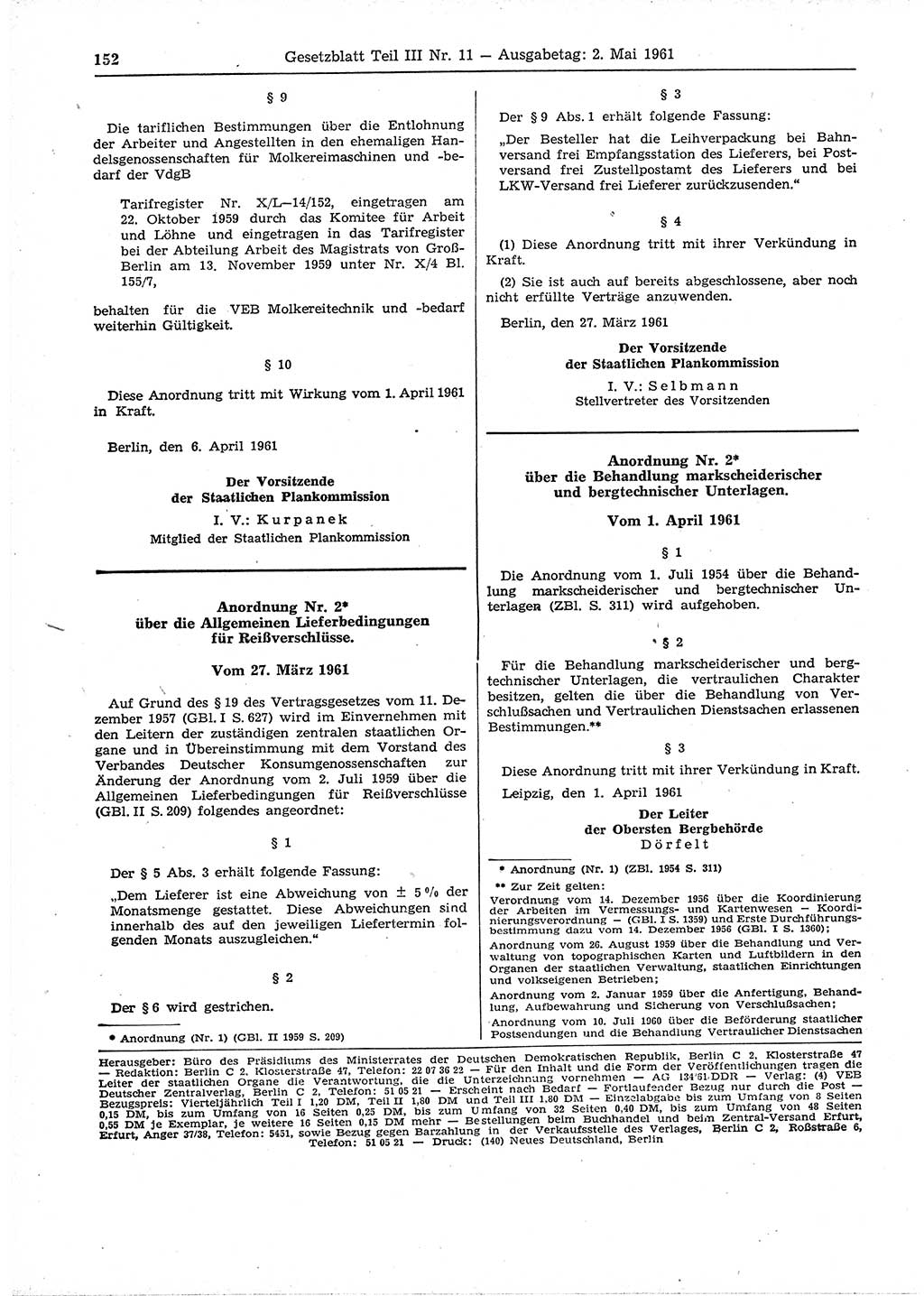 Gesetzblatt (GBl.) der Deutschen Demokratischen Republik (DDR) Teil ⅠⅠⅠ 1961, Seite 152 (GBl. DDR ⅠⅠⅠ 1961, S. 152)