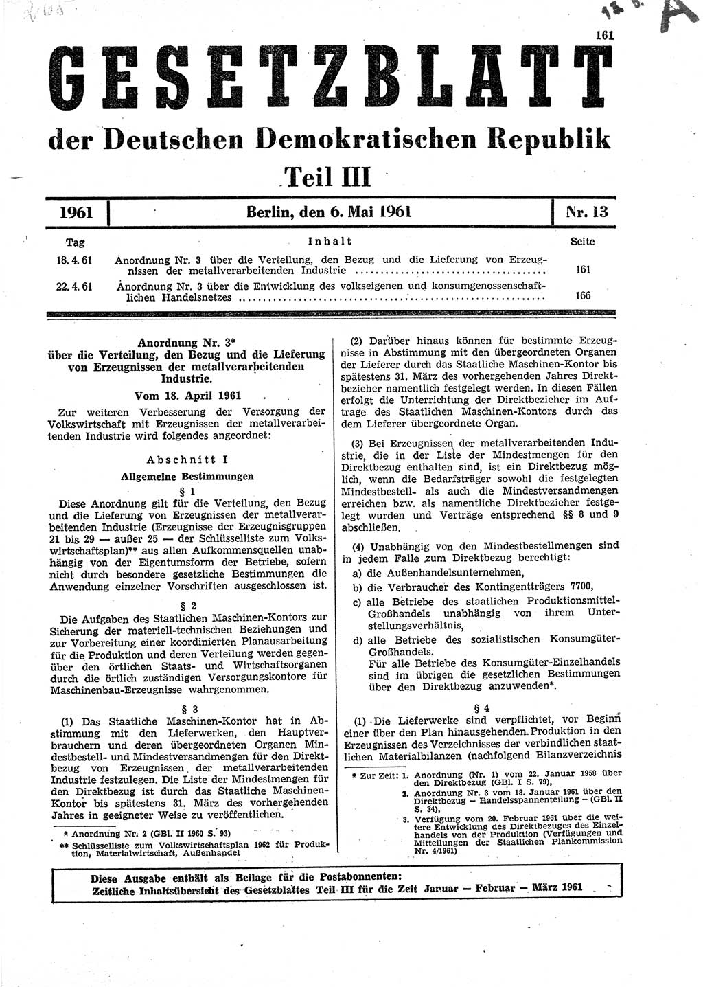 Gesetzblatt (GBl.) der Deutschen Demokratischen Republik (DDR) Teil ⅠⅠⅠ 1961, Seite 161 (GBl. DDR ⅠⅠⅠ 1961, S. 161)