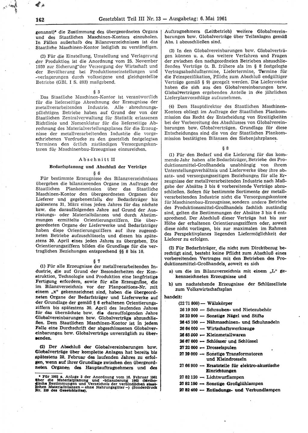 Gesetzblatt (GBl.) der Deutschen Demokratischen Republik (DDR) Teil ⅠⅠⅠ 1961, Seite 162 (GBl. DDR ⅠⅠⅠ 1961, S. 162)