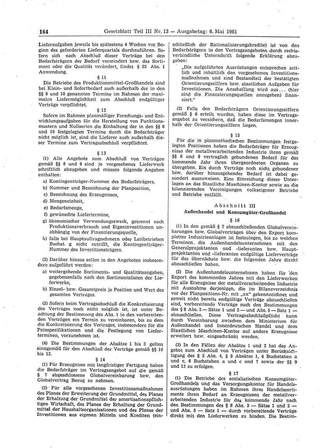 Gesetzblatt (GBl.) der Deutschen Demokratischen Republik (DDR) Teil ⅠⅠⅠ 1961, Seite 164 (GBl. DDR ⅠⅠⅠ 1961, S. 164)