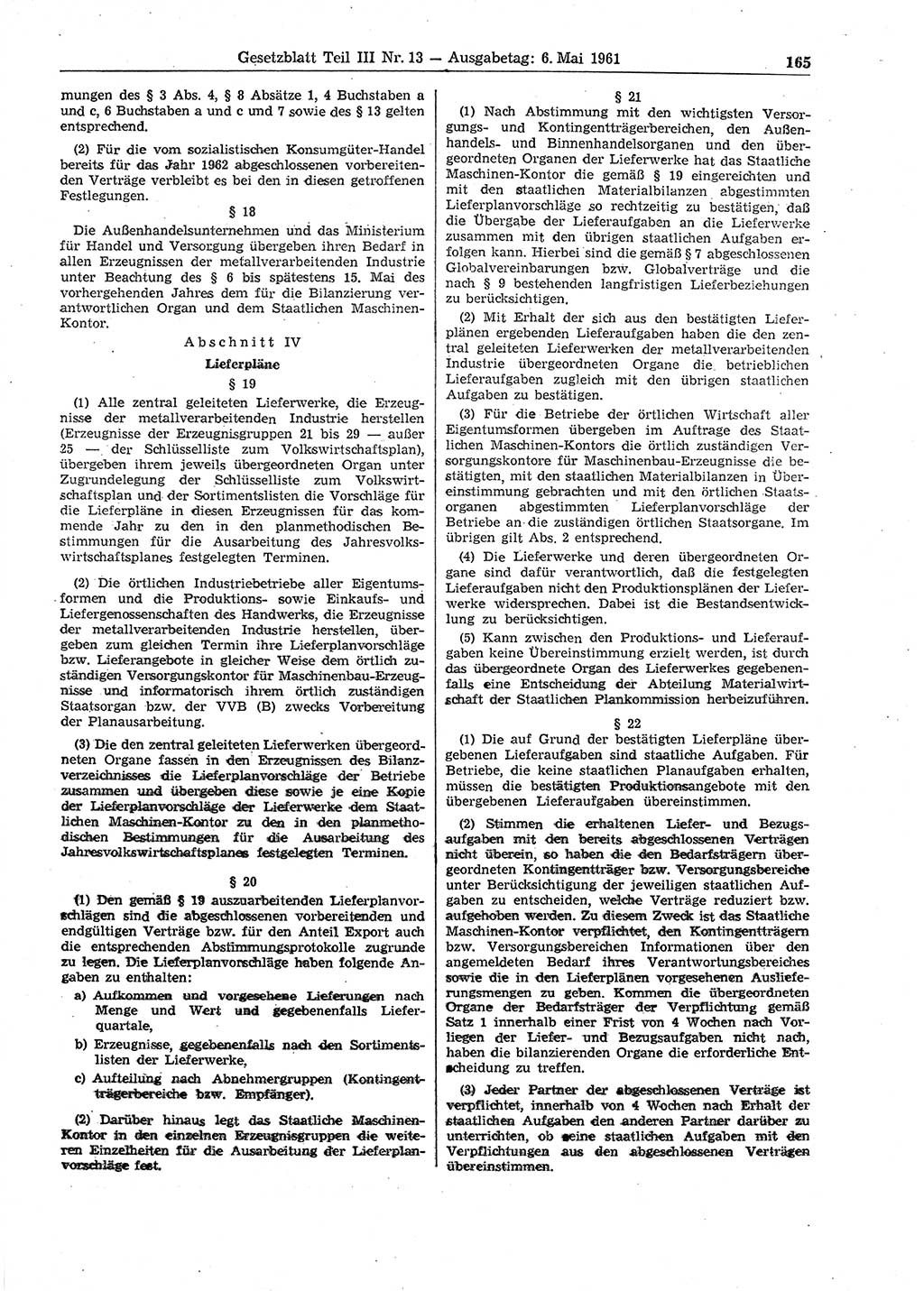 Gesetzblatt (GBl.) der Deutschen Demokratischen Republik (DDR) Teil ⅠⅠⅠ 1961, Seite 165 (GBl. DDR ⅠⅠⅠ 1961, S. 165)