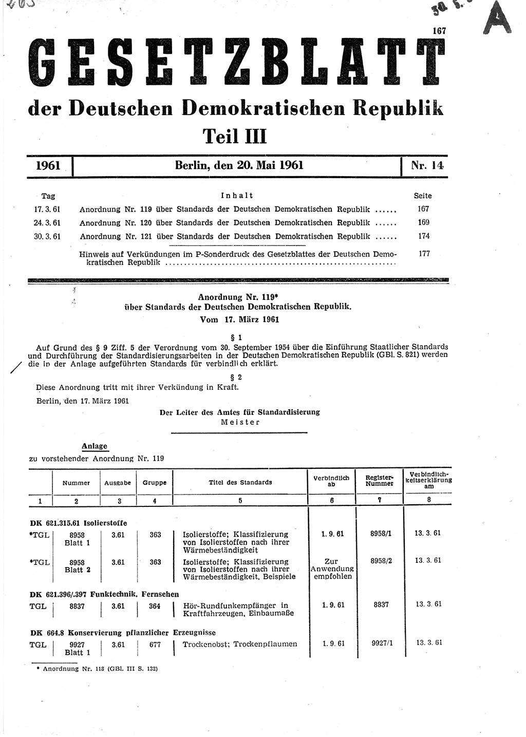 Gesetzblatt (GBl.) der Deutschen Demokratischen Republik (DDR) Teil ⅠⅠⅠ 1961, Seite 167 (GBl. DDR ⅠⅠⅠ 1961, S. 167)