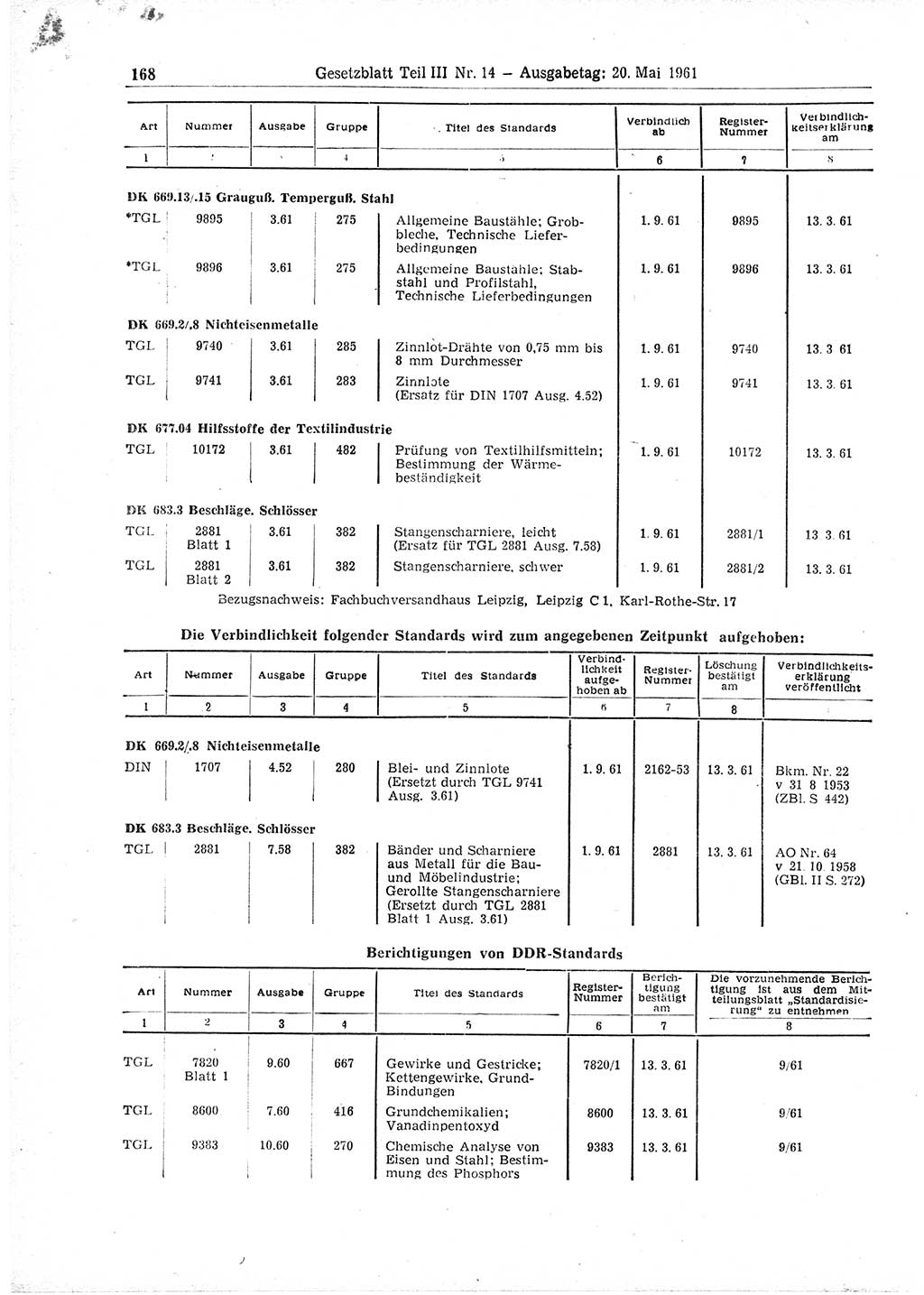 Gesetzblatt (GBl.) der Deutschen Demokratischen Republik (DDR) Teil ⅠⅠⅠ 1961, Seite 168 (GBl. DDR ⅠⅠⅠ 1961, S. 168)