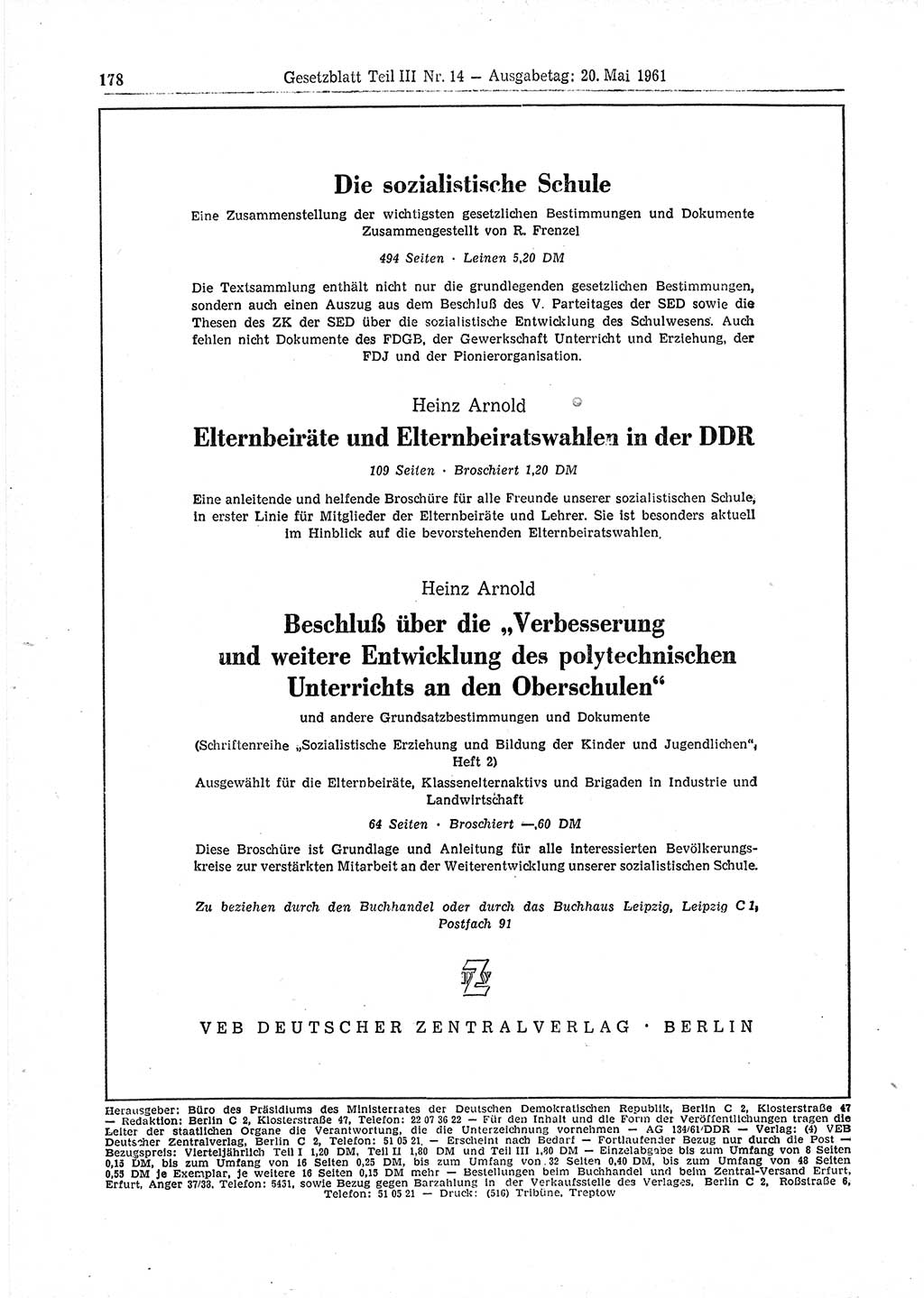 Gesetzblatt (GBl.) der Deutschen Demokratischen Republik (DDR) Teil ⅠⅠⅠ 1961, Seite 178 (GBl. DDR ⅠⅠⅠ 1961, S. 178)