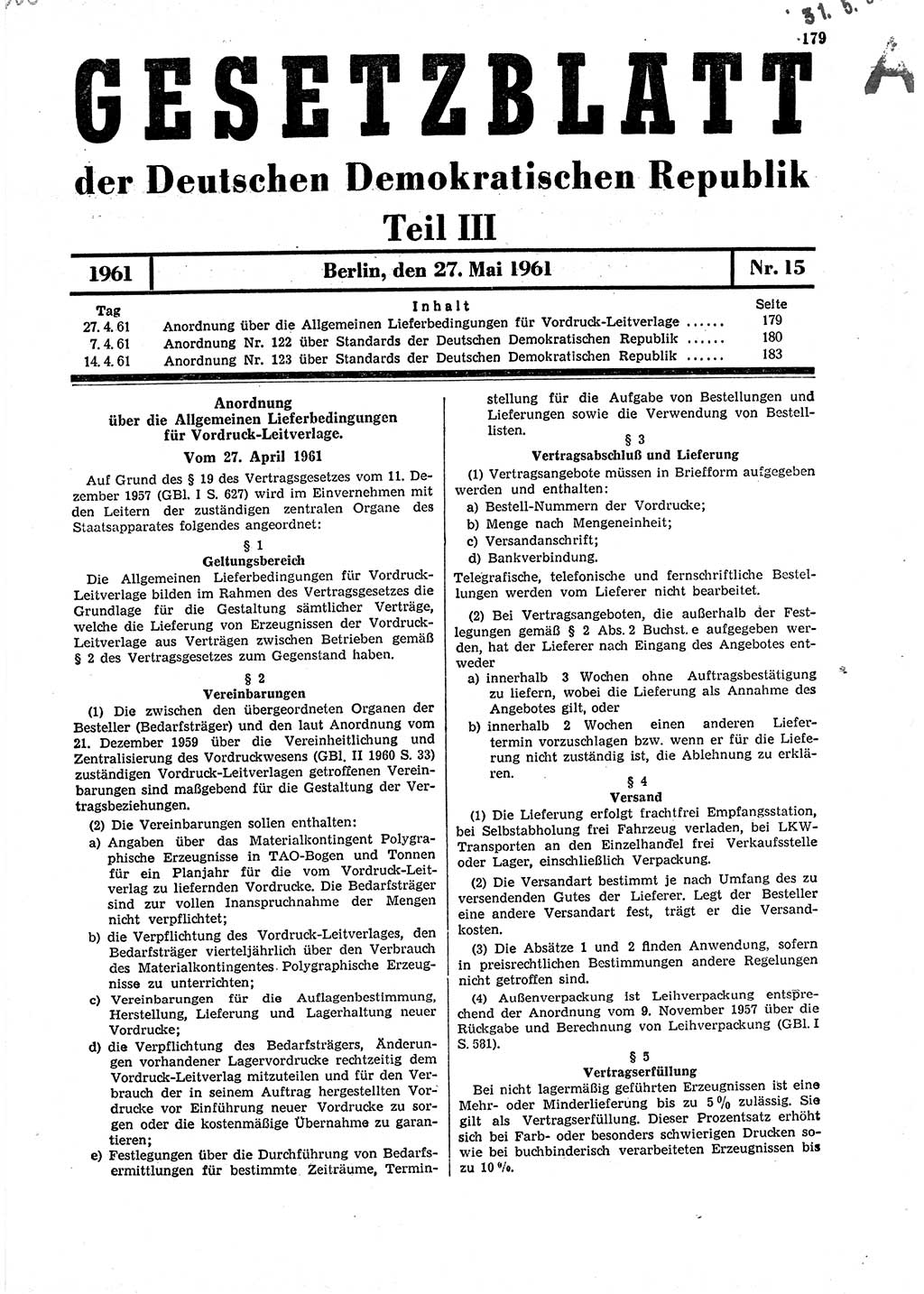 Gesetzblatt (GBl.) der Deutschen Demokratischen Republik (DDR) Teil ⅠⅠⅠ 1961, Seite 179 (GBl. DDR ⅠⅠⅠ 1961, S. 179)