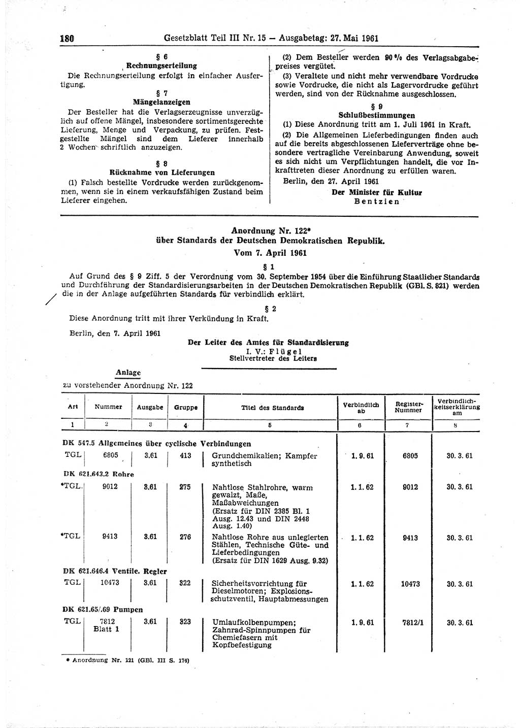 Gesetzblatt (GBl.) der Deutschen Demokratischen Republik (DDR) Teil ⅠⅠⅠ 1961, Seite 180 (GBl. DDR ⅠⅠⅠ 1961, S. 180)