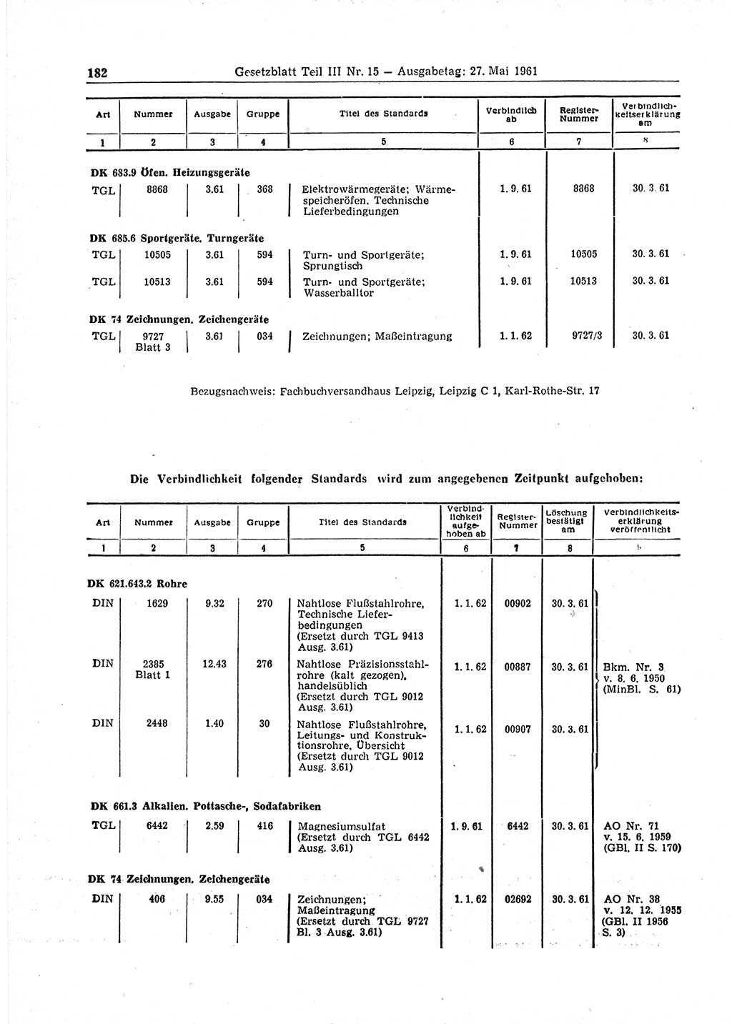 Gesetzblatt (GBl.) der Deutschen Demokratischen Republik (DDR) Teil ⅠⅠⅠ 1961, Seite 182 (GBl. DDR ⅠⅠⅠ 1961, S. 182)