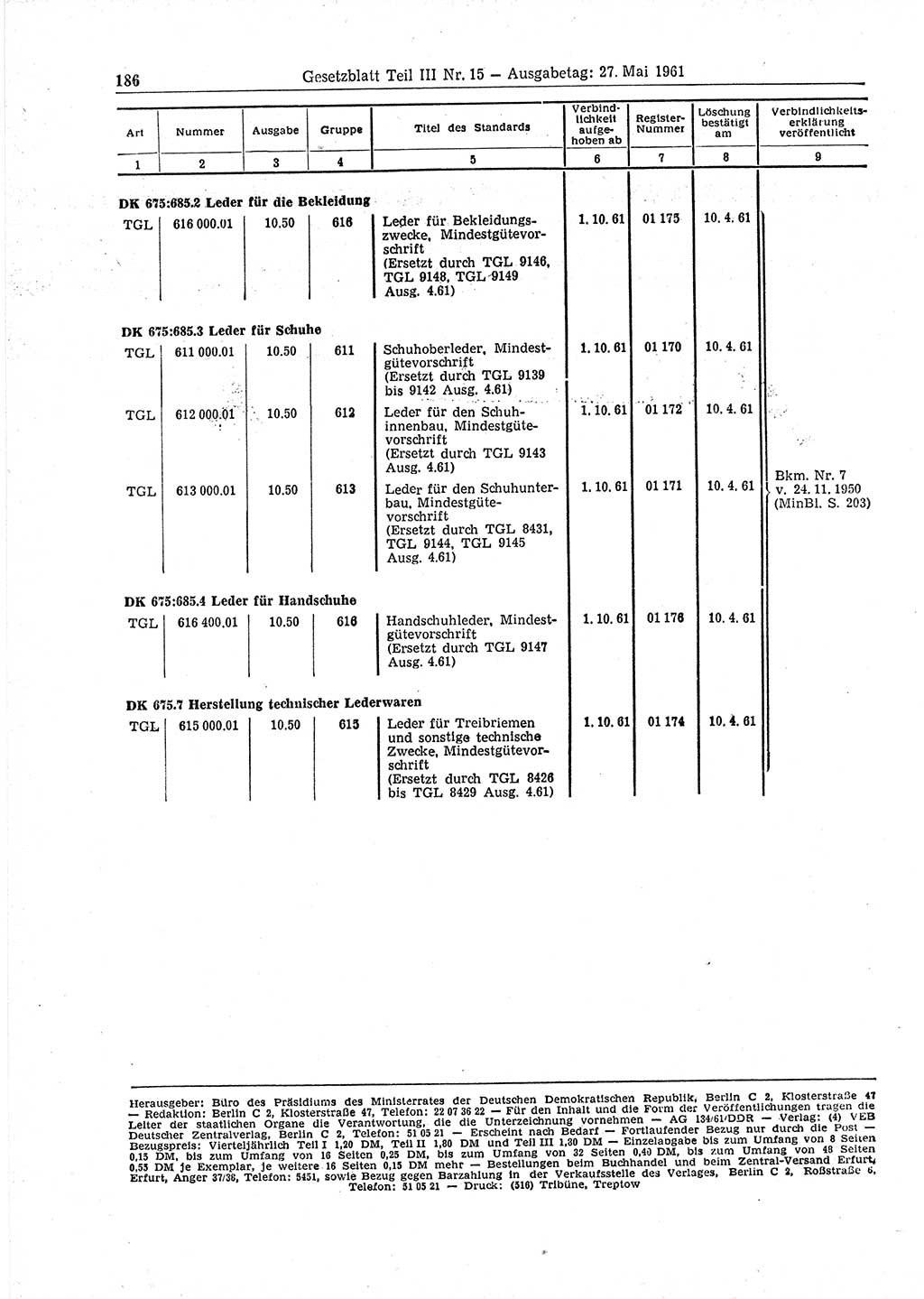 Gesetzblatt (GBl.) der Deutschen Demokratischen Republik (DDR) Teil ⅠⅠⅠ 1961, Seite 186 (GBl. DDR ⅠⅠⅠ 1961, S. 186)