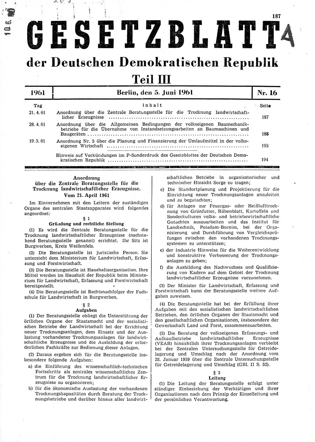 Gesetzblatt (GBl.) der Deutschen Demokratischen Republik (DDR) Teil ⅠⅠⅠ 1961, Seite 187 (GBl. DDR ⅠⅠⅠ 1961, S. 187)