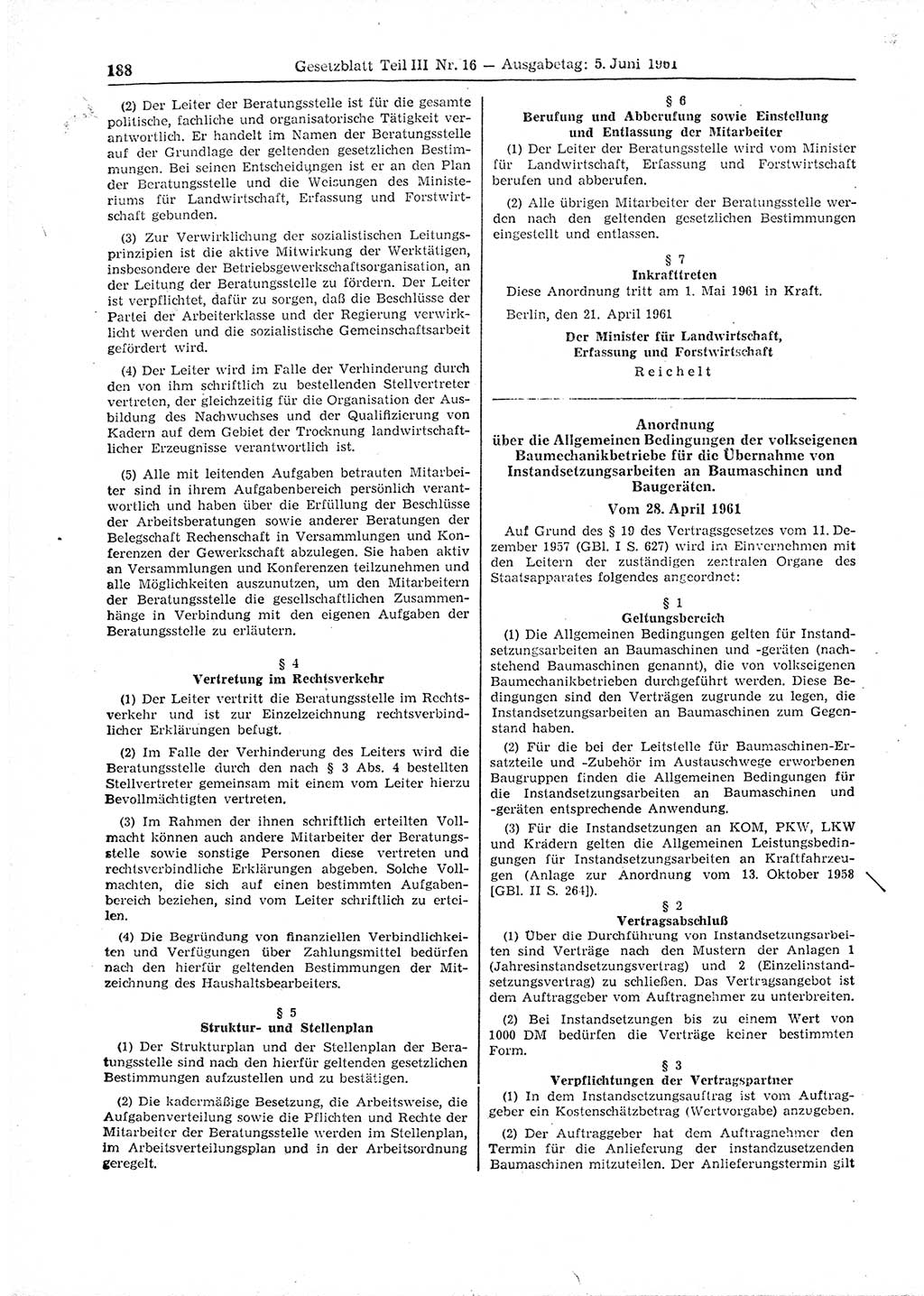 Gesetzblatt (GBl.) der Deutschen Demokratischen Republik (DDR) Teil ⅠⅠⅠ 1961, Seite 188 (GBl. DDR ⅠⅠⅠ 1961, S. 188)