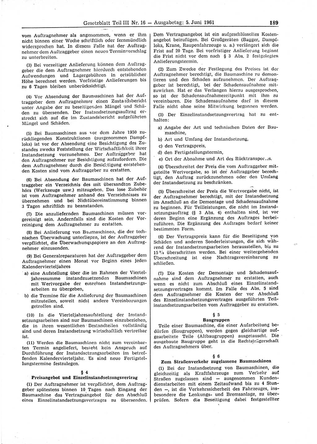 Gesetzblatt (GBl.) der Deutschen Demokratischen Republik (DDR) Teil ⅠⅠⅠ 1961, Seite 189 (GBl. DDR ⅠⅠⅠ 1961, S. 189)