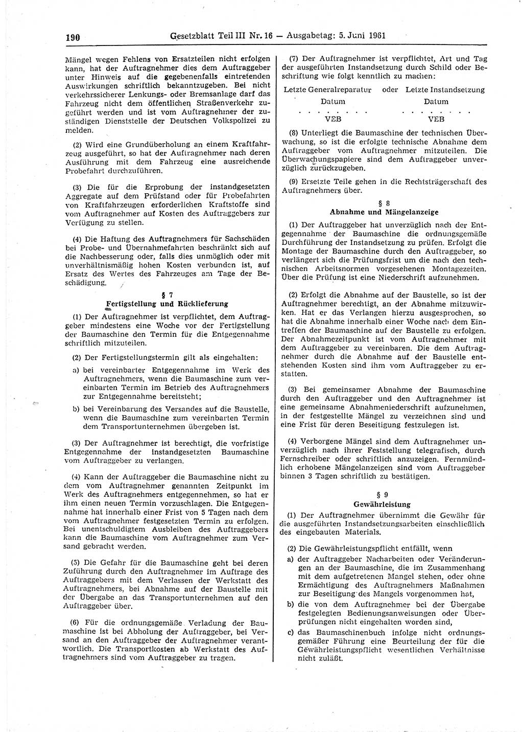 Gesetzblatt (GBl.) der Deutschen Demokratischen Republik (DDR) Teil ⅠⅠⅠ 1961, Seite 190 (GBl. DDR ⅠⅠⅠ 1961, S. 190)