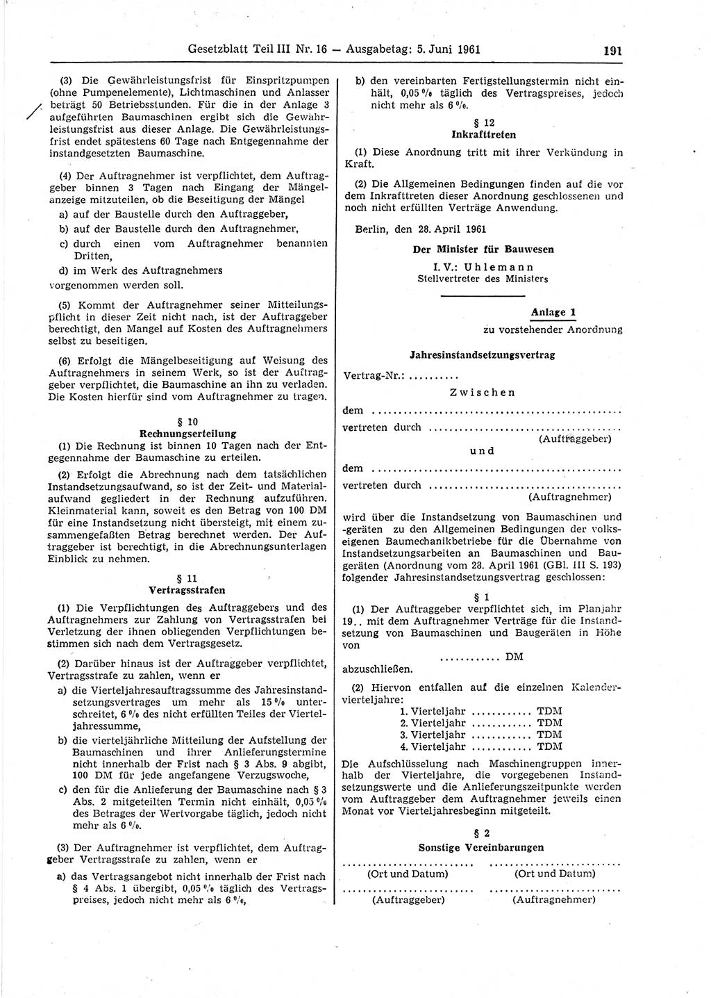 Gesetzblatt (GBl.) der Deutschen Demokratischen Republik (DDR) Teil ⅠⅠⅠ 1961, Seite 191 (GBl. DDR ⅠⅠⅠ 1961, S. 191)