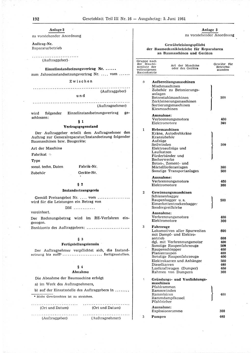 Gesetzblatt (GBl.) der Deutschen Demokratischen Republik (DDR) Teil ⅠⅠⅠ 1961, Seite 192 (GBl. DDR ⅠⅠⅠ 1961, S. 192)