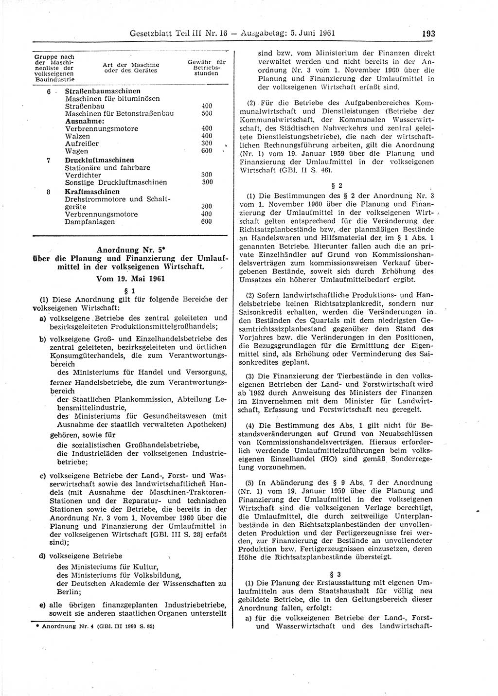 Gesetzblatt (GBl.) der Deutschen Demokratischen Republik (DDR) Teil ⅠⅠⅠ 1961, Seite 193 (GBl. DDR ⅠⅠⅠ 1961, S. 193)