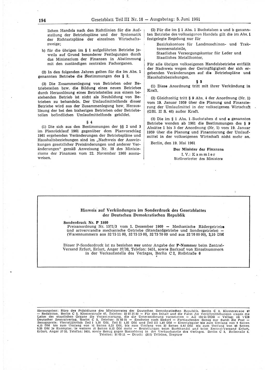 Gesetzblatt (GBl.) der Deutschen Demokratischen Republik (DDR) Teil ⅠⅠⅠ 1961, Seite 194 (GBl. DDR ⅠⅠⅠ 1961, S. 194)
