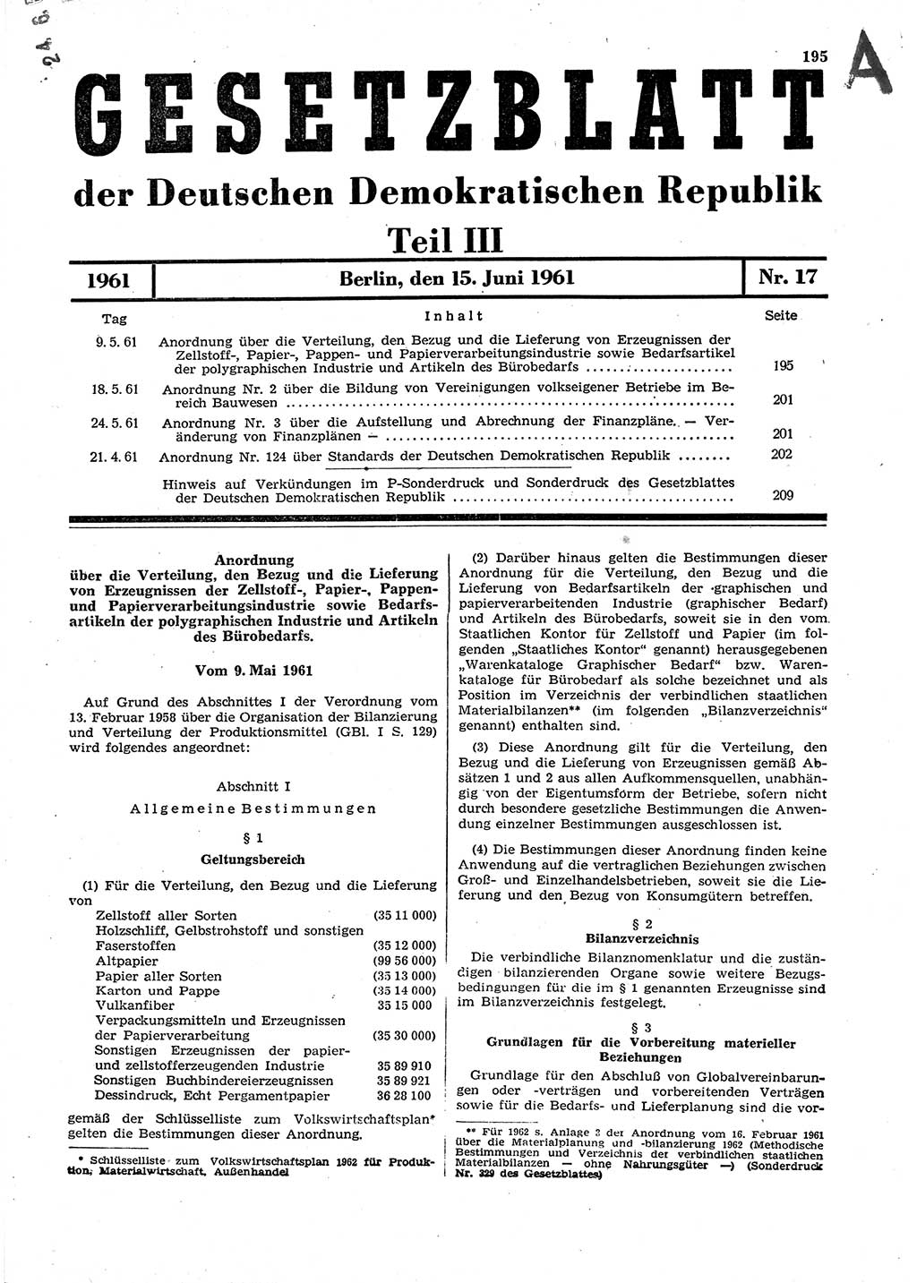 Gesetzblatt (GBl.) der Deutschen Demokratischen Republik (DDR) Teil ⅠⅠⅠ 1961, Seite 195 (GBl. DDR ⅠⅠⅠ 1961, S. 195)