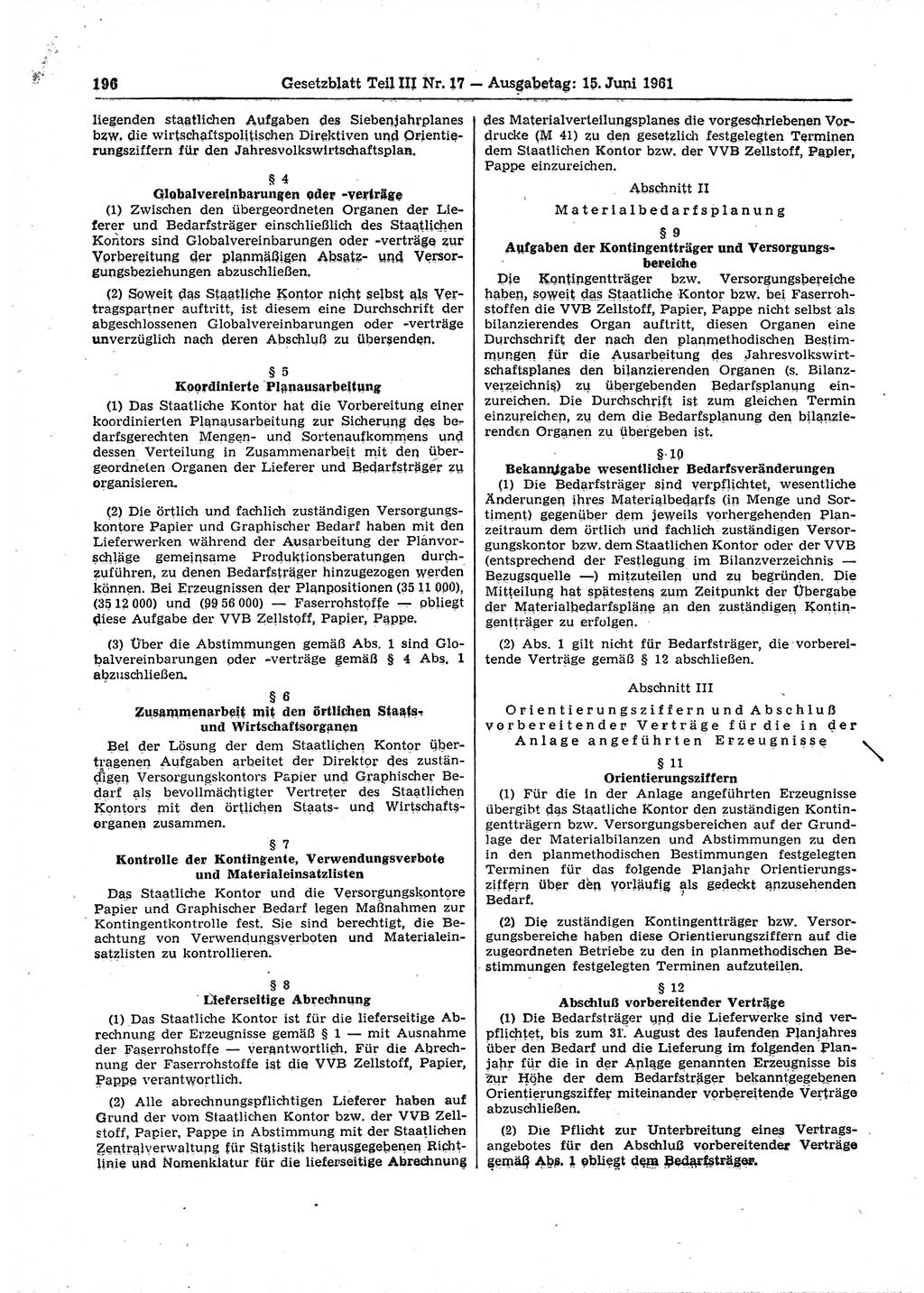 Gesetzblatt (GBl.) der Deutschen Demokratischen Republik (DDR) Teil ⅠⅠⅠ 1961, Seite 196 (GBl. DDR ⅠⅠⅠ 1961, S. 196)