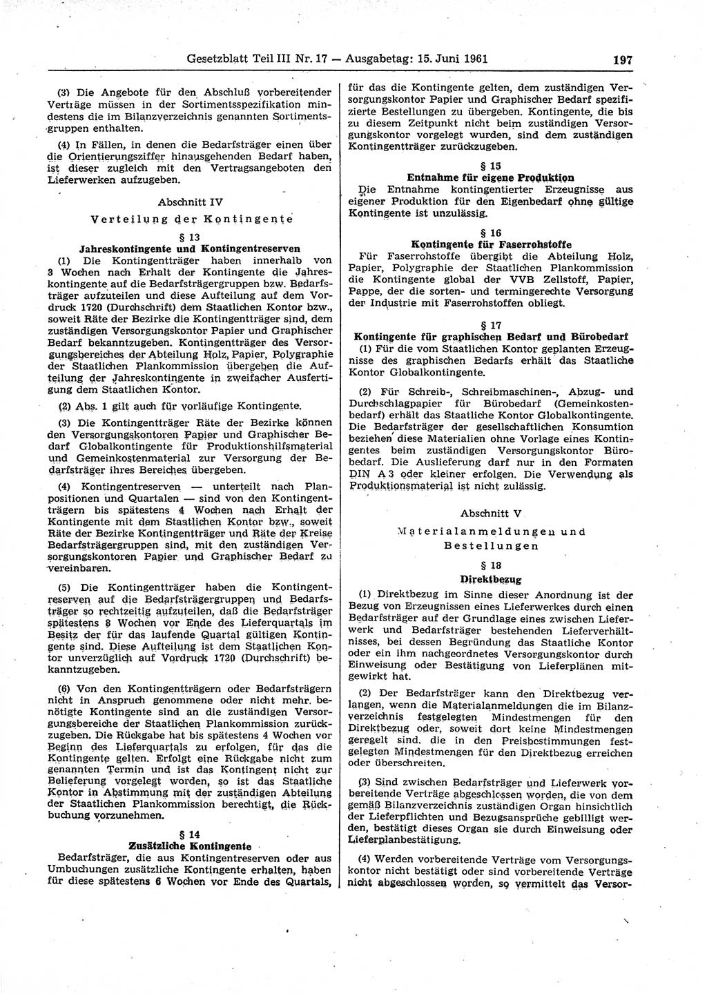 Gesetzblatt (GBl.) der Deutschen Demokratischen Republik (DDR) Teil ⅠⅠⅠ 1961, Seite 197 (GBl. DDR ⅠⅠⅠ 1961, S. 197)