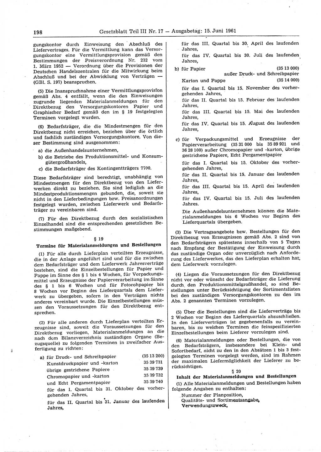 Gesetzblatt (GBl.) der Deutschen Demokratischen Republik (DDR) Teil ⅠⅠⅠ 1961, Seite 198 (GBl. DDR ⅠⅠⅠ 1961, S. 198)