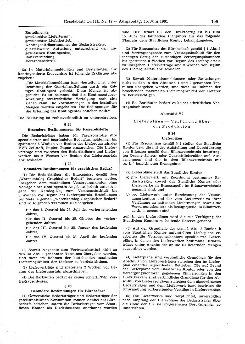 Gesetzblatt (GBl.) der Deutschen Demokratischen Republik (DDR) Teil ⅠⅠⅠ 1961, Seite 199 (GBl. DDR ⅠⅠⅠ 1961, S. 199)