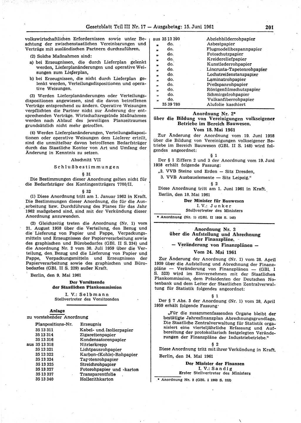 Gesetzblatt (GBl.) der Deutschen Demokratischen Republik (DDR) Teil ⅠⅠⅠ 1961, Seite 201 (GBl. DDR ⅠⅠⅠ 1961, S. 201)