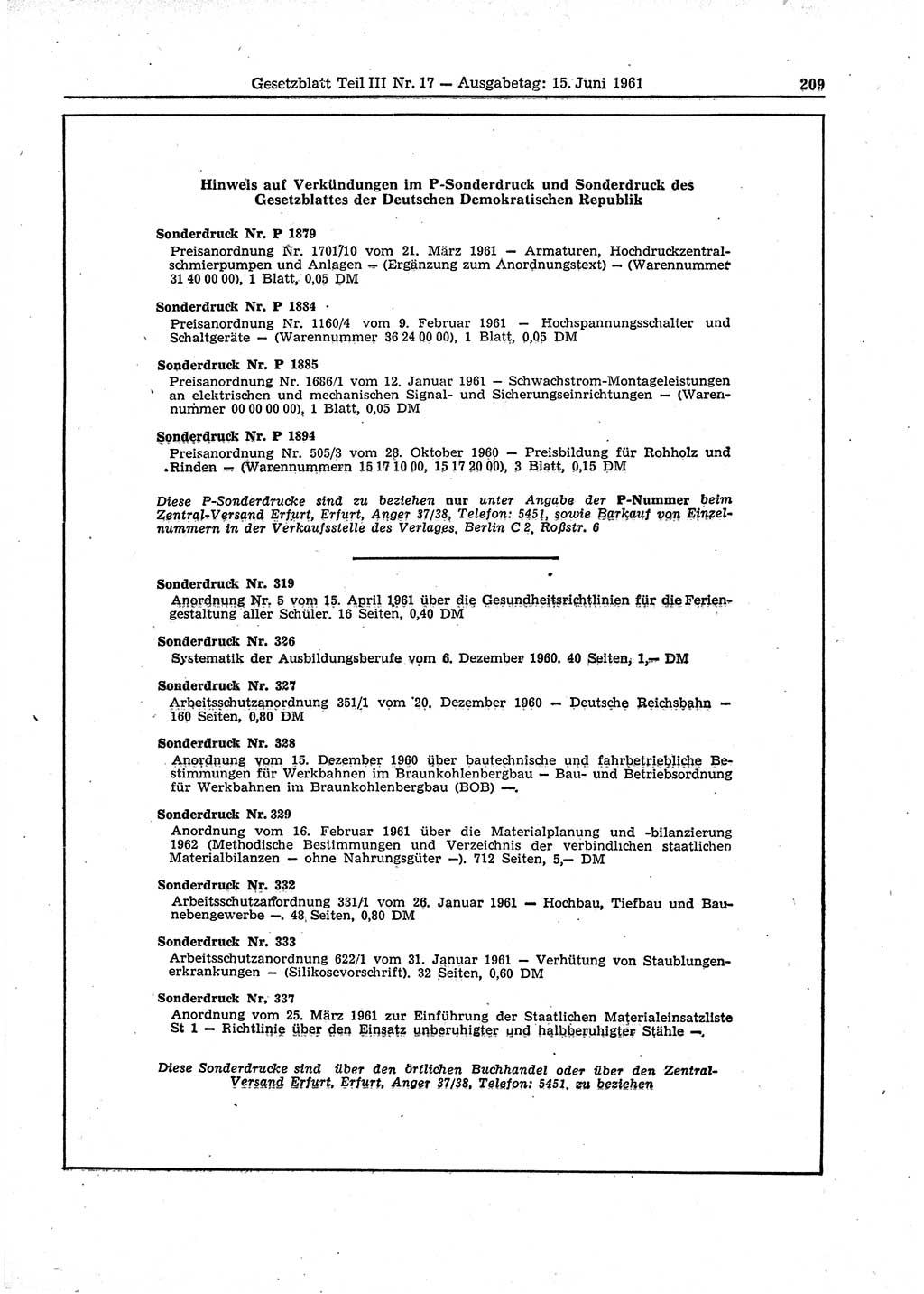 Gesetzblatt (GBl.) der Deutschen Demokratischen Republik (DDR) Teil ⅠⅠⅠ 1961, Seite 209 (GBl. DDR ⅠⅠⅠ 1961, S. 209)