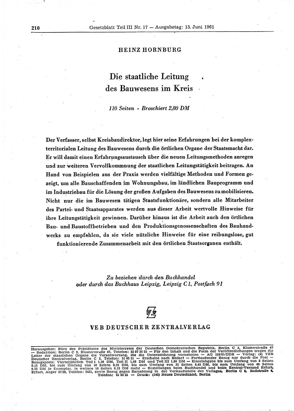 Gesetzblatt (GBl.) der Deutschen Demokratischen Republik (DDR) Teil ⅠⅠⅠ 1961, Seite 210 (GBl. DDR ⅠⅠⅠ 1961, S. 210)